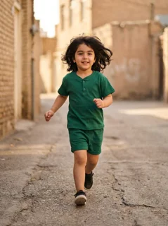 بسته 2 عددی ست تیشرت یقه ژاپنی و شلوارک بچه‌گانه بامشی رنگ یشمی